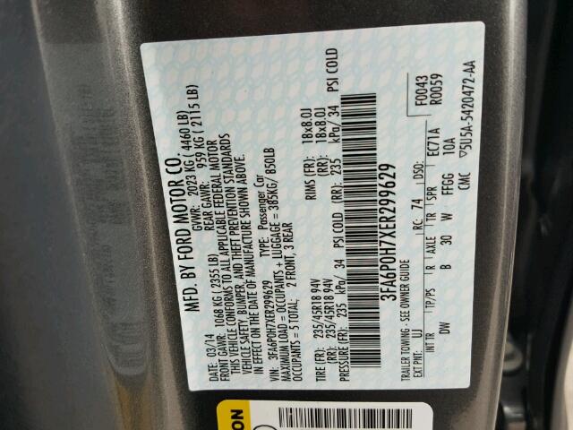 3FA6P0H7XER299629 - 2014 FORD FUSION SE CHARCOAL photo 10