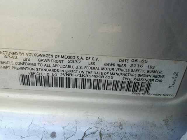 3VWRG71K35M648705 - 2005 VOLKSWAGEN NEW JETTA SILVER photo 10