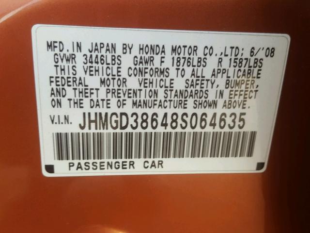 JHMGD38648S064635 - 2008 HONDA FIT SPORT ORANGE photo 10