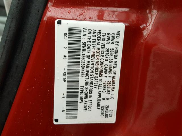 5FNRL18602B044985 - 2002 HONDA ODYSSEY EX RED photo 10