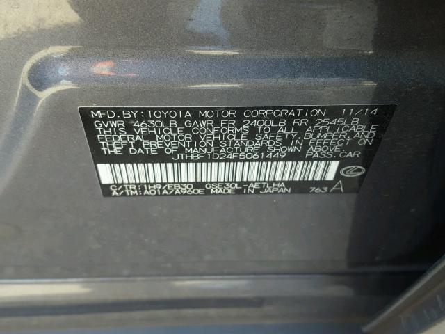 JTHBF1D24F5061449 - 2015 LEXUS IS 250 GRAY photo 10