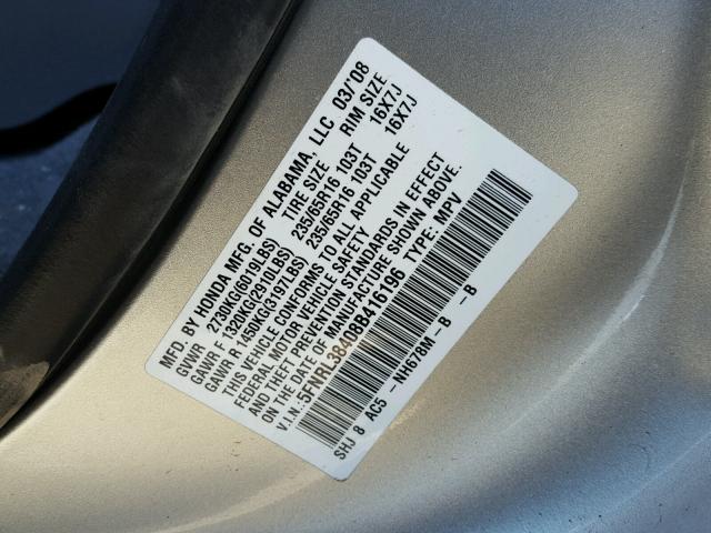 5FNRL38408B416196 - 2008 HONDA ODYSSEY EX SILVER photo 10