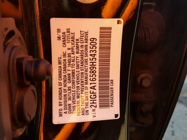 2HGFA16589H543509 - 2009 HONDA CIVIC LX BLACK photo 10