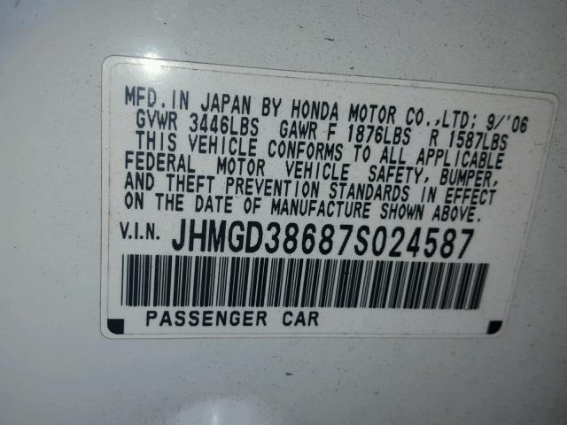 JHMGD38687S024587 - 2007 HONDA FIT S WHITE photo 10