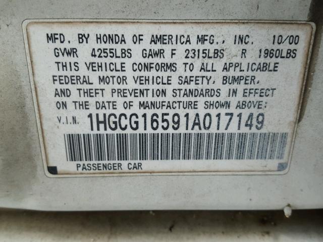 1HGCG16591A017149 - 2001 HONDA ACCORD EX WHITE photo 10