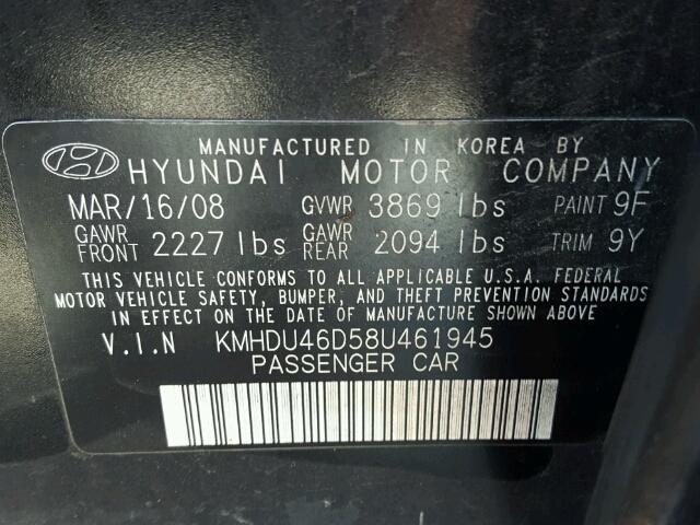 KMHDU46D58U461945 - 2008 HYUNDAI ELANTRA GL BLACK photo 10