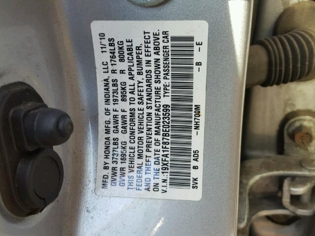 19XFA1F87BE023599 - 2011 HONDA CIVIC EX ვერცხლისფერი ფოტო 10