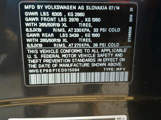 WVGEP9BP1ED015084 - 2014 VOLKSWAGEN TOUAREG V6 CHARCOAL photo 10