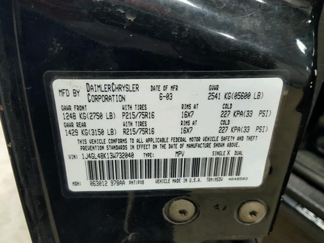 1J4GL48K13W732040 - 2003 JEEP LIBERTY SP BLACK photo 9