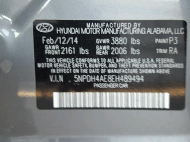 5NPDH4AE8EH489494 - 2014 HYUNDAI ELANTRA SE SILVER photo 10