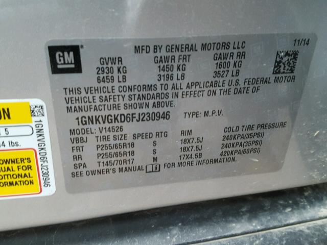 1GNKVGKD6FJ230946 - 2015 CHEVROLET TRAVERSE L SILVER photo 10