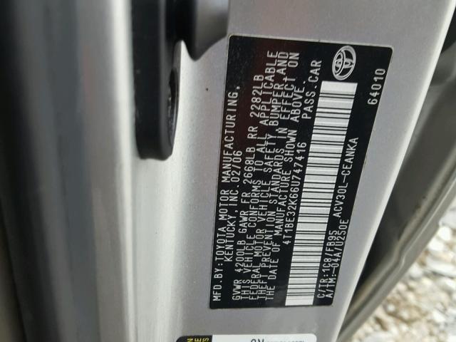 4T1BE32K66U747416 - 2006 TOYOTA CAMRY LE SILVER photo 10