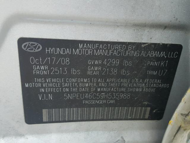 5NPEU46C59H535988 - 2009 HYUNDAI SONATA SE SILVER photo 10