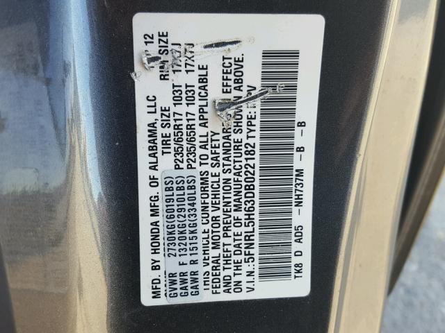 5FNRL5H63DB022182 - 2013 HONDA ODYSSEY EX GRAY photo 10