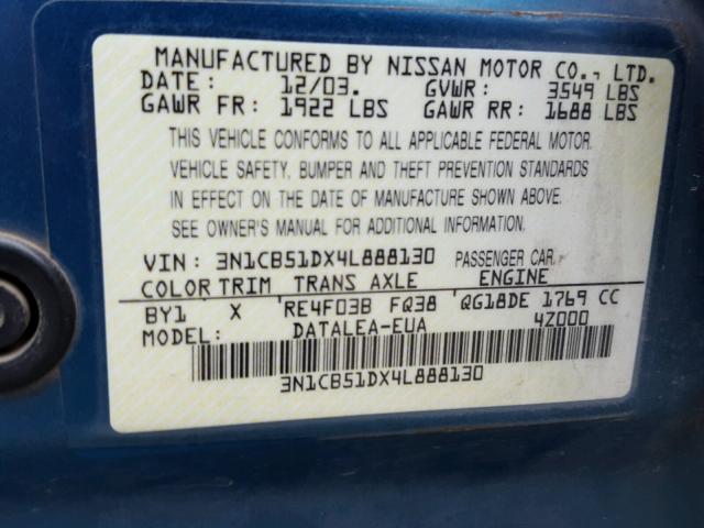 3N1CB51DX4L888130 - 2004 NISSAN SENTRA 1.8 BLUE photo 10