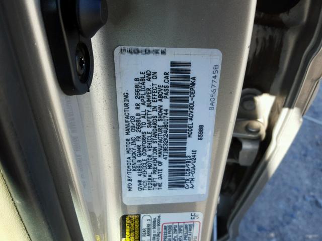 4T1BE32K24U801744 - 2004 TOYOTA CAMRY LE ვერცხლისფერი ფოტო 10