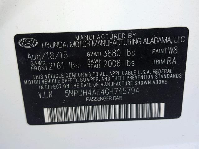 5NPDH4AE4GH745794 - 2016 HYUNDAI ELANTRA SE WHITE photo 10