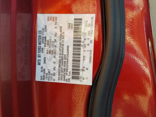 1FMEU31K47UA24585 - 2007 FORD EXPLORER S RED photo 10