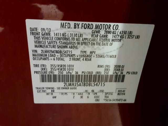 2LMHJ5AT8DBL54715 - 2013 LINCOLN MKT RED photo 10