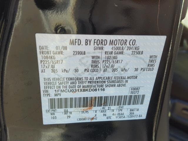 1FMCU031X8KD08116 - 2008 FORD ESCAPE XLT BLACK photo 10