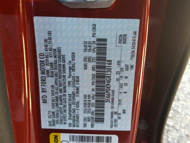 3FA6P0K94GR130168 - 2016 FORD FUSION TIT RED photo 10