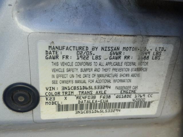 3N1CB51D65L533294 - 2005 NISSAN SENTRA 1.8 SILVER photo 10