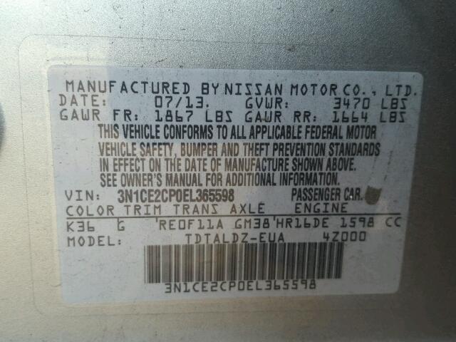 3N1CE2CP0EL365598 - 2014 NISSAN VERSA NOTE GRAY photo 10