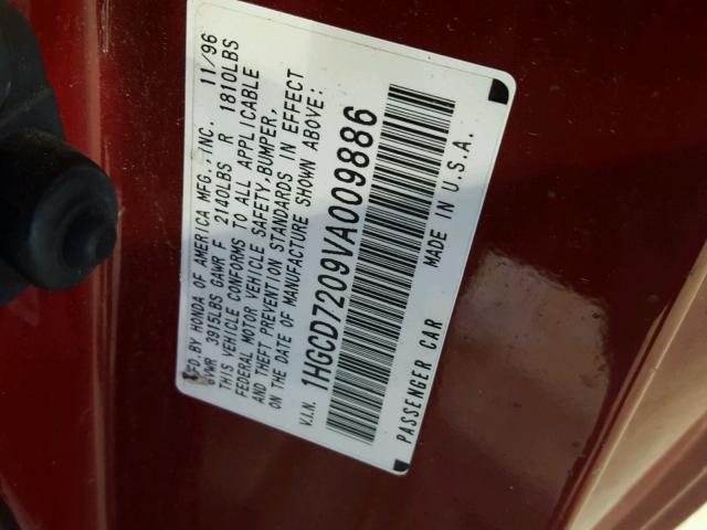 1HGCD7209VA009886 - 1997 HONDA ACCORD SE RED photo 10