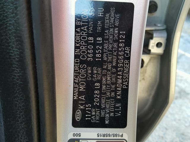 KNADM4A39G6658121 - 2016 KIA RIO LX SILVER photo 10