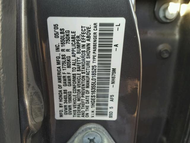 1HGES16355L018525 - 2005 HONDA CIVIC DX V GRAY photo 10