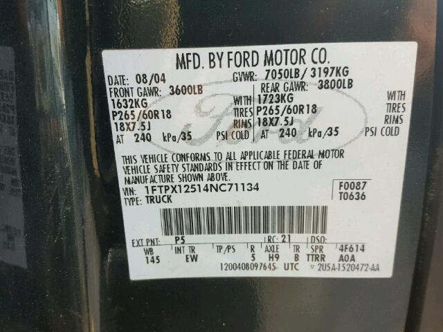 1FTPX12514NC71134 - 2004 FORD F150 BLACK photo 10