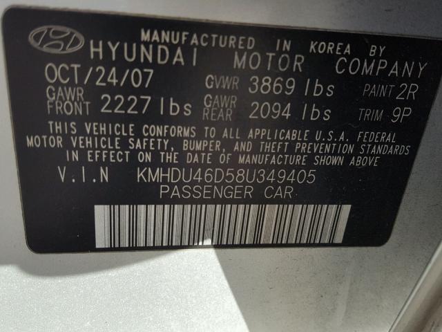 KMHDU46D58U349405 - 2008 HYUNDAI ELANTRA GL SILVER photo 10