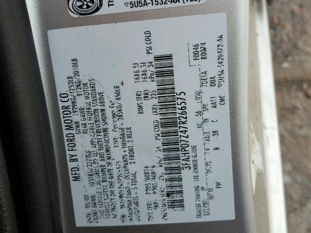 3FAHP07Z47R266575 - 2007 FORD FUSION SE SILVER photo 10