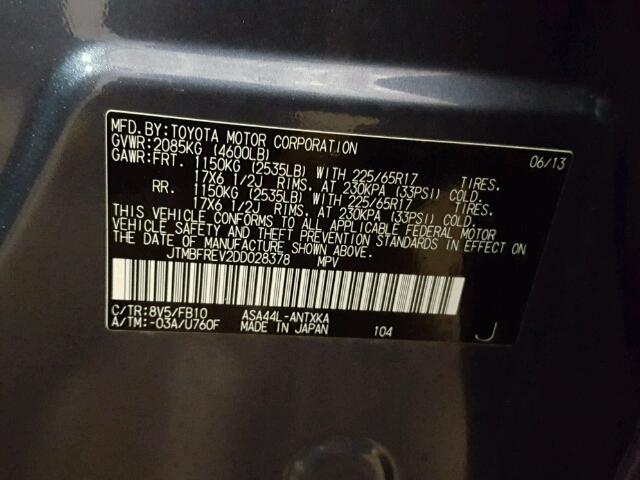 JTMBFREV2DD028378 - 2013 TOYOTA RAV4 LE Կապույտ լուսանկար 10