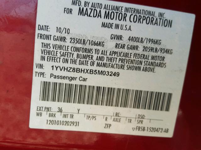 1YVHZ8BHXB5M03249 - 2011 MAZDA 6 I RED photo 10