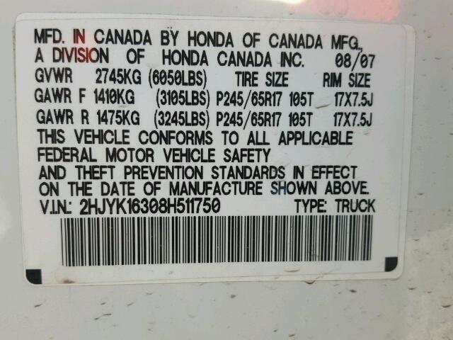 2HJYK16308H511750 - 2008 HONDA RIDGELINE WHITE photo 10