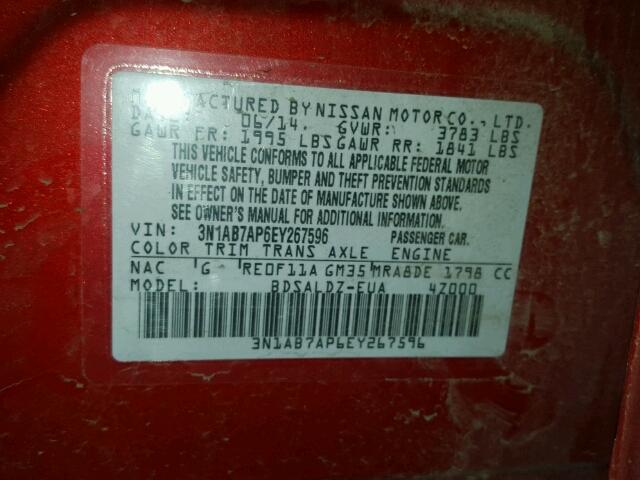 3N1AB7AP6EY267596 - 2014 NISSAN SENTRA S RED photo 10