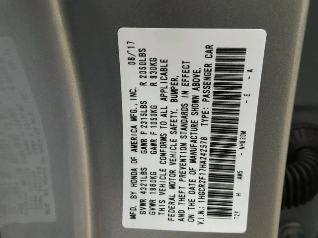 1HGCR2F17HA242578 - 2017 HONDA ACCORD SPO SILVER photo 10