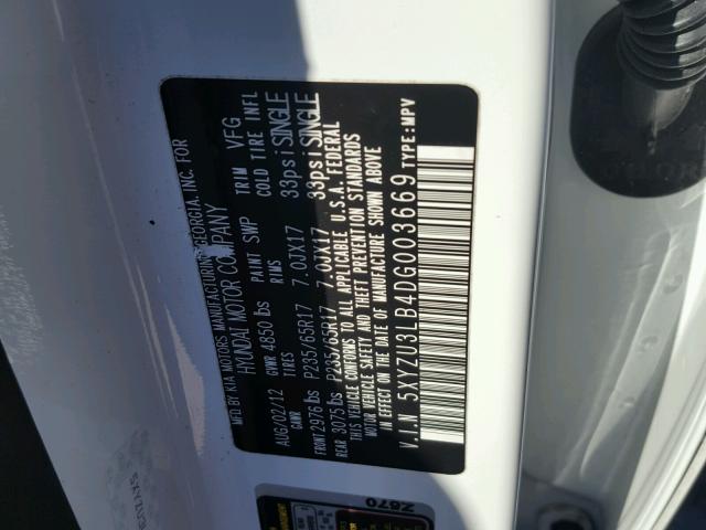 5XYZU3LB4DG003669 - 2013 HYUNDAI SANTA FE S WHITE photo 10