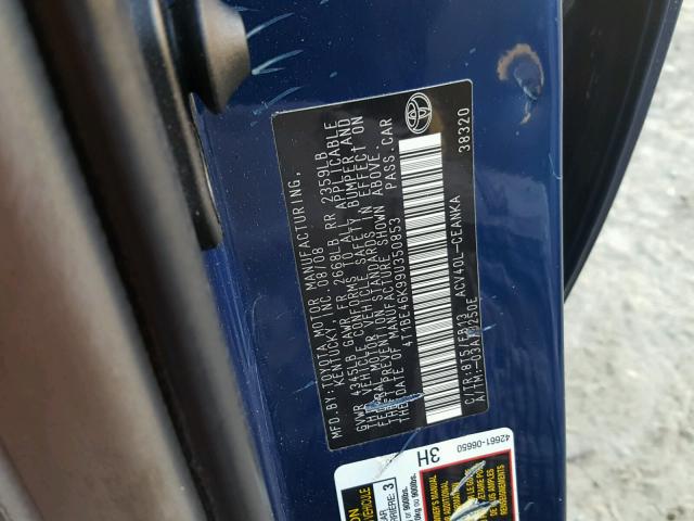 4T1BE46K99U350853 - 2009 TOYOTA CAMRY BASE BLUE photo 10