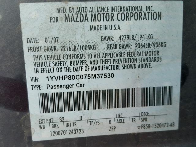 1YVHP80C075M37530 - 2007 MAZDA 6 I GRAY photo 10