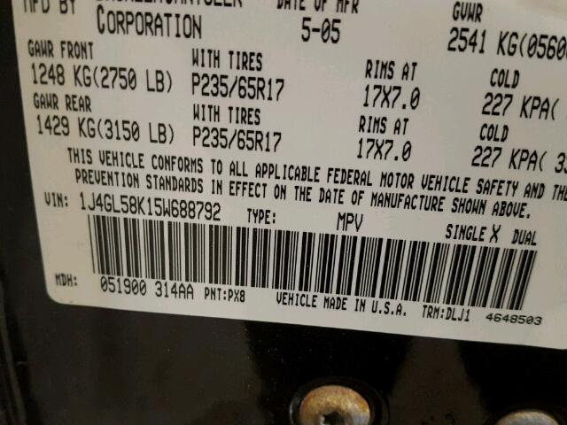 1J4GL58K15W688792 - 2005 JEEP LIBERTY LI BLACK photo 10