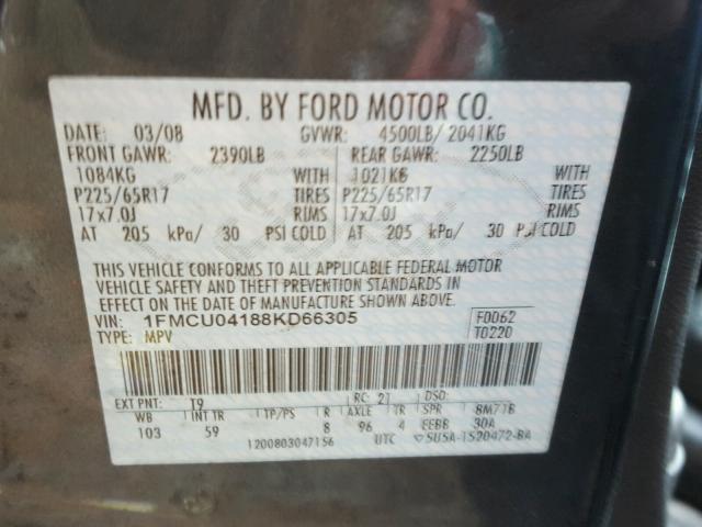 1FMCU04188KD66305 - 2008 FORD ESCAPE LIM GRAY photo 10