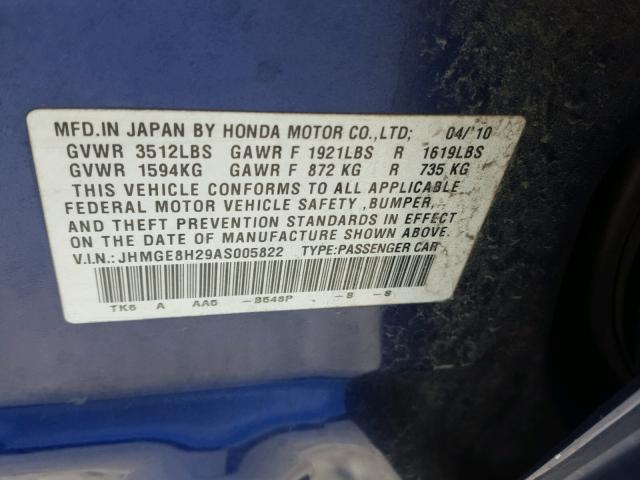 JHMGE8H29AS005822 - 2010 HONDA FIT BLUE photo 10