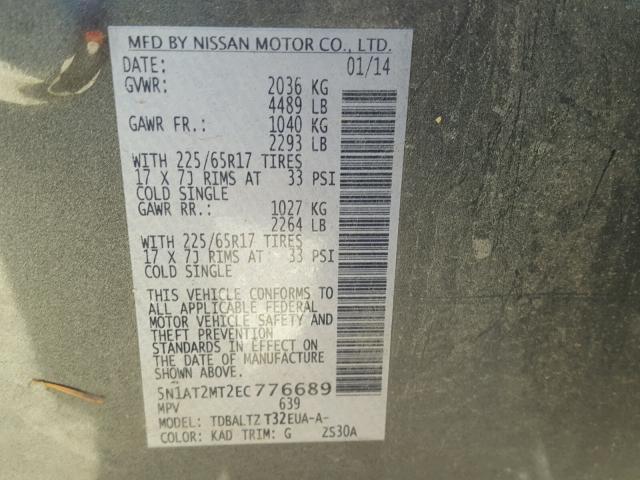 5N1AT2MT2EC776689 - 2014 NISSAN ROGUE S GRAY photo 10