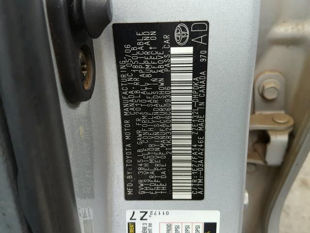 2T1KR32E06C609306 - 2006 TOYOTA COROLLA MA GRAY photo 10