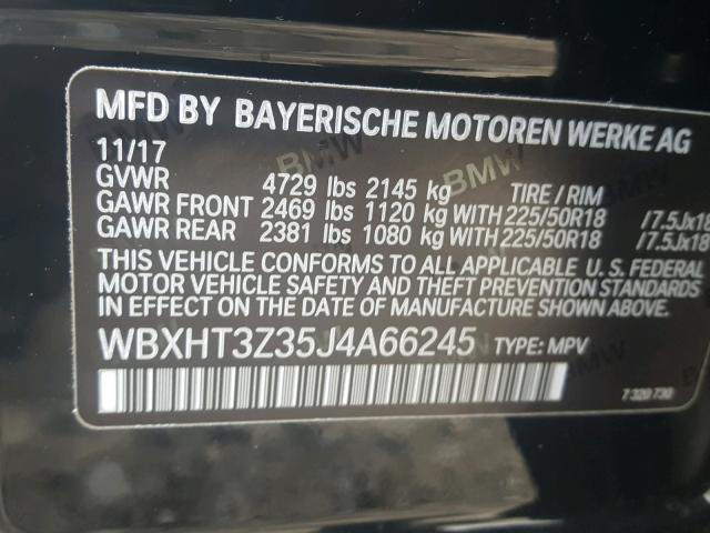 WBXHT3Z35J4A66245 - 2018 BMW X1 XDRIVE2 BLACK photo 10