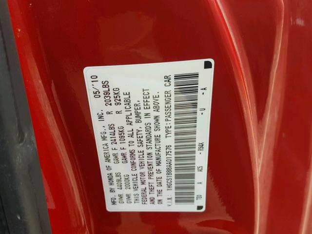 1HGCS1B88AA017576 - 2010 HONDA ACCORD EXL RED photo 10