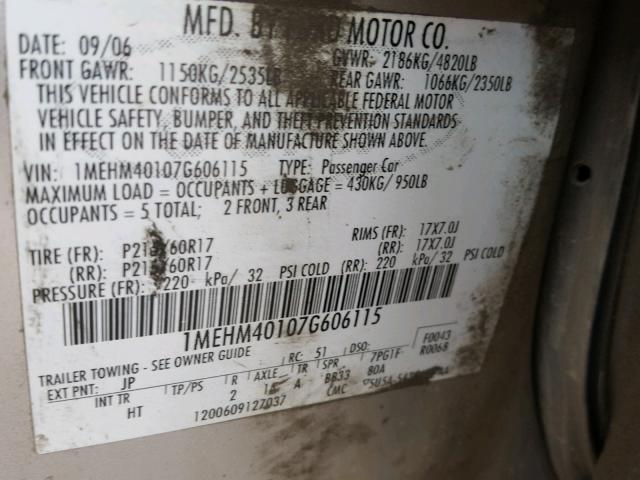 1MEHM40107G606115 - 2007 MERCURY MONTEGO LU SILVER photo 10