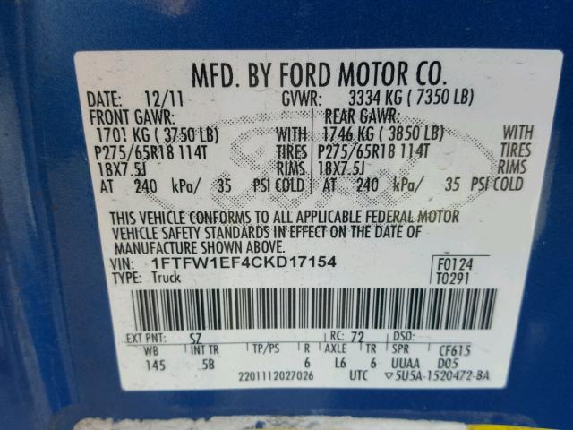 1FTFW1EF4CKD17154 - 2012 FORD F150 SUPER BLUE photo 10